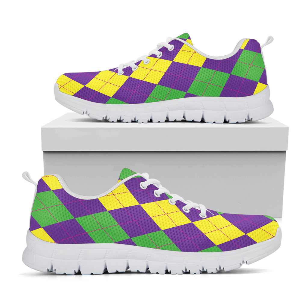 Mardi Gras Argyle Pattern Print White Sneakers