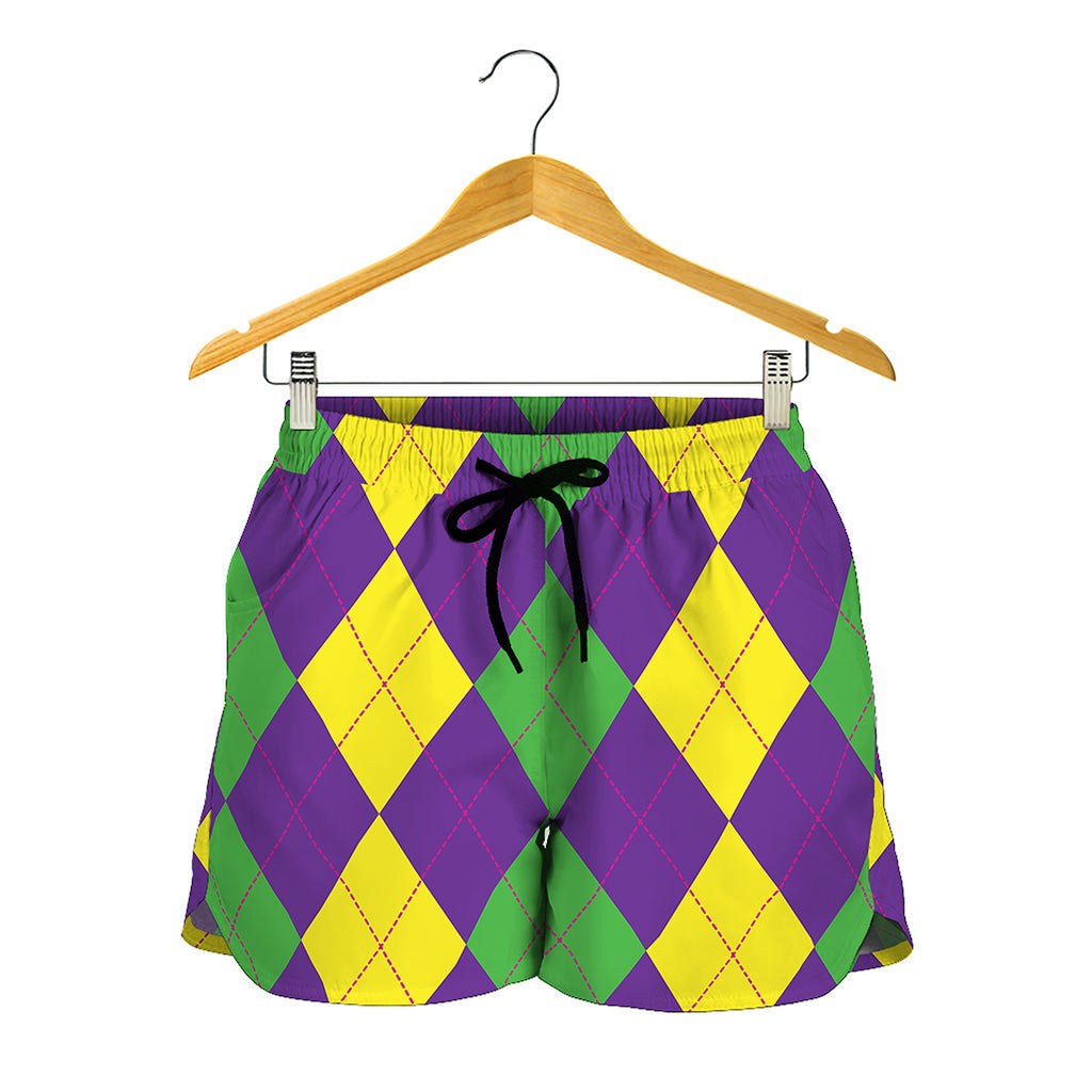 Mardi Gras Argyle Pattern Print Women's Shorts