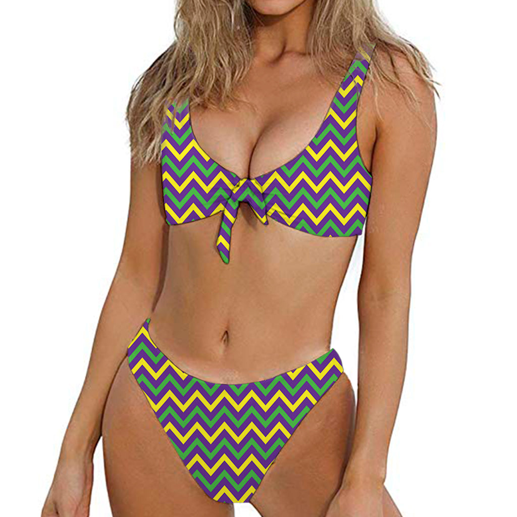 Mardi Gras Chevron Pattern Print Front Bow Tie Bikini