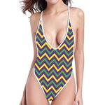 Mardi Gras Chevron Pattern Print One Piece High Cut Swimsuit