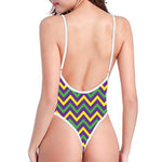 Mardi Gras Chevron Pattern Print One Piece High Cut Swimsuit
