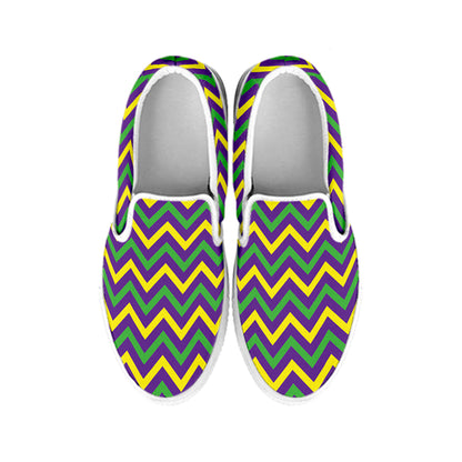 Mardi Gras Chevron Pattern Print White Slip On Shoes