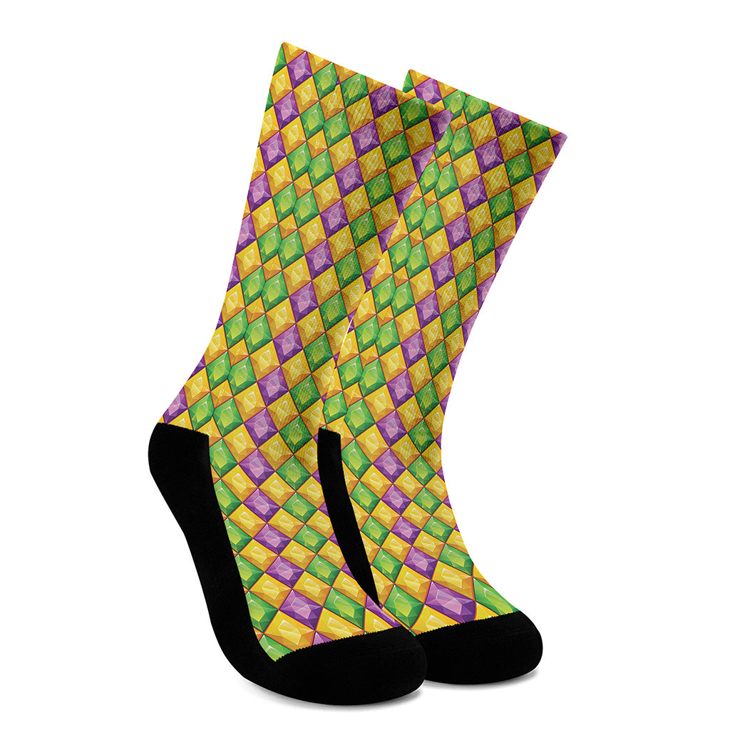 Mardi Gras Diamond Pattern Print Crew Socks