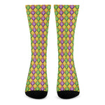 Mardi Gras Diamond Pattern Print Crew Socks