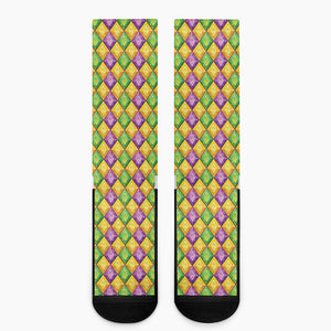 Mardi Gras Diamond Pattern Print Crew Socks