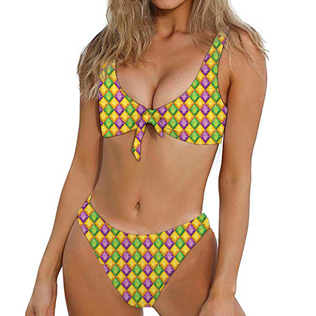 Mardi Gras Diamond Pattern Print Front Bow Tie Bikini