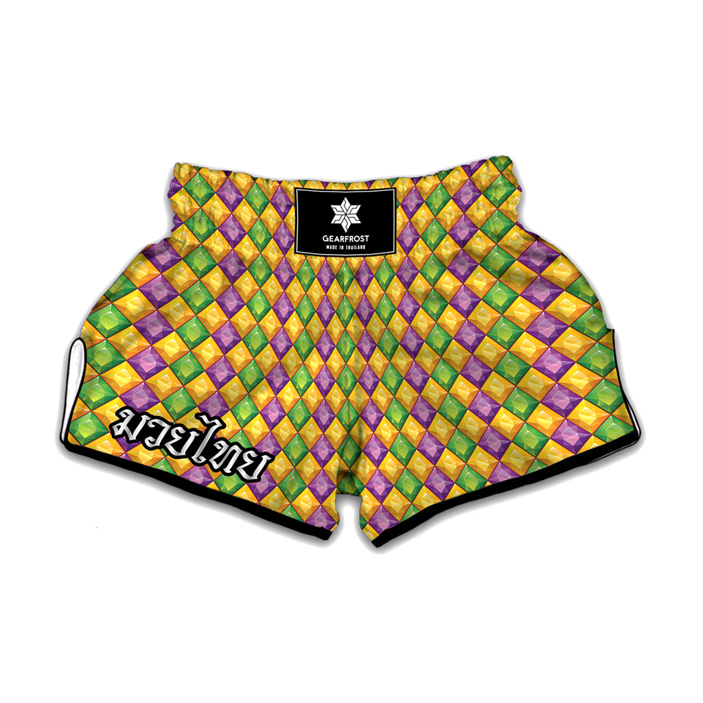 Mardi Gras Diamond Pattern Print Muay Thai Boxing Shorts