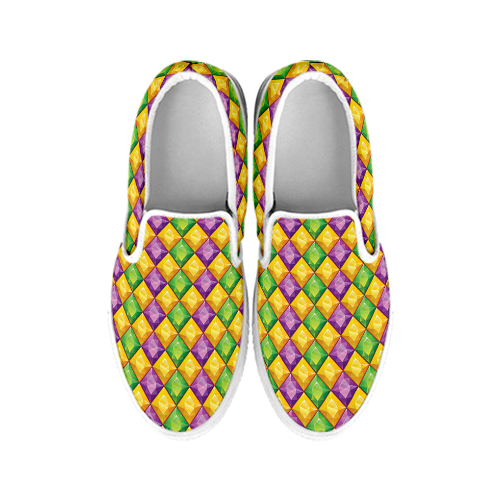 Mardi Gras Diamond Pattern Print White Slip On Shoes