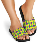 Mardi Gras Fat Tuesday Argyle Print Black Slide Sandals