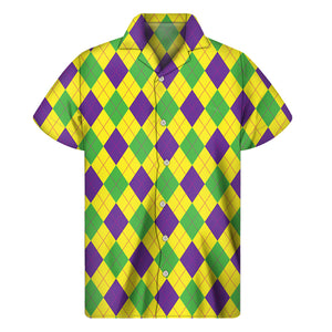 Mardi Gras Fat Tuesday Argyle Print Men's Short Sleeve Shirt