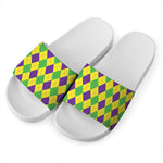 Mardi Gras Fat Tuesday Argyle Print White Slide Sandals