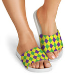 Mardi Gras Fat Tuesday Argyle Print White Slide Sandals