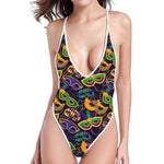 Mardi Gras Festival Pattern Print One Piece High Cut Swimsuit