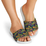 Mardi Gras Festival Pattern Print White Slide Sandals