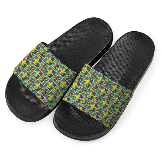 Mardi Gras Fleur De Lis Pattern Print Black Slide Sandals