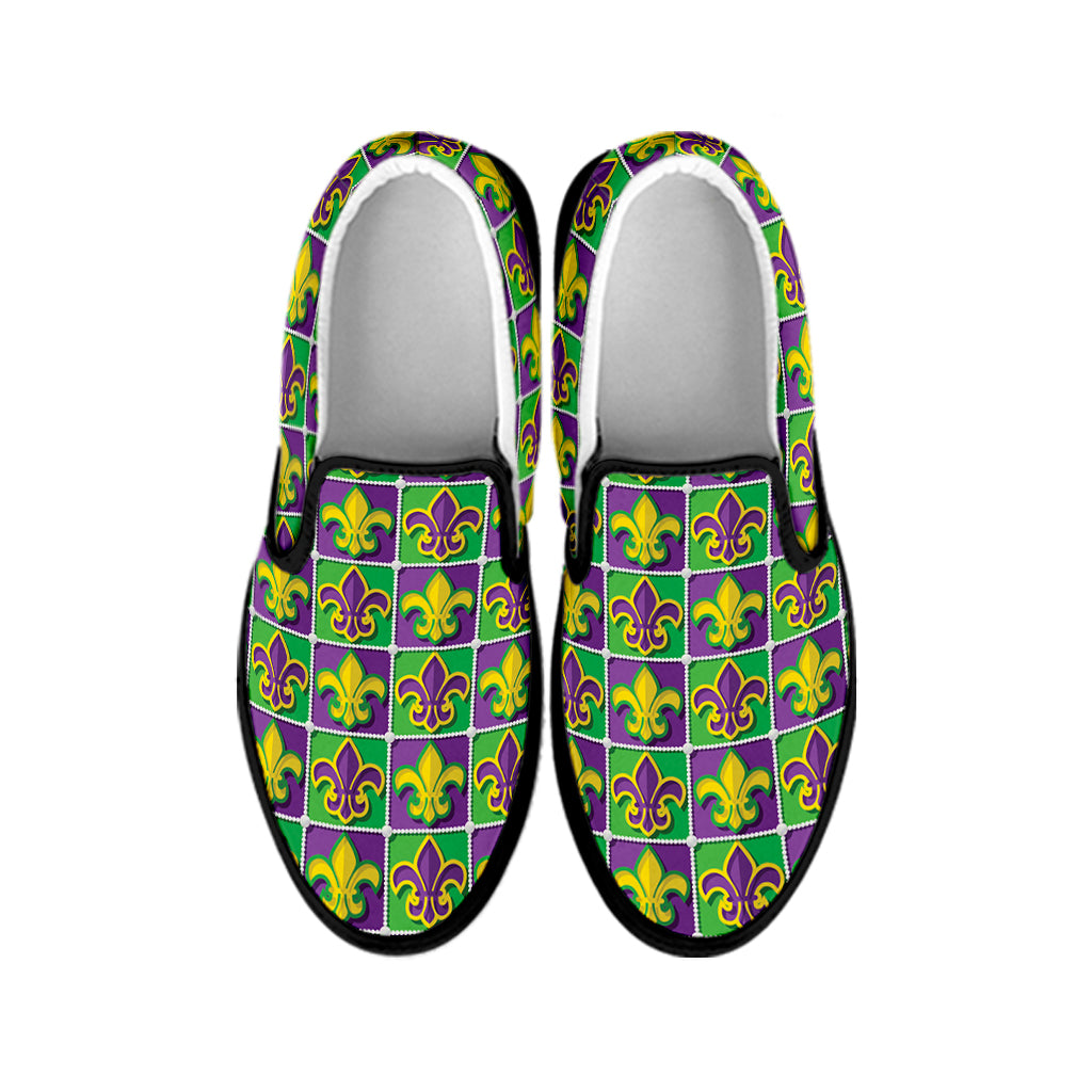 Mardi Gras Fleur De Lis Pattern Print Black Slip On Shoes