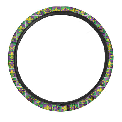 Mardi Gras Fleur De Lis Pattern Print Car Steering Wheel Cover