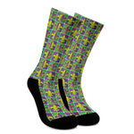 Mardi Gras Fleur De Lis Pattern Print Crew Socks