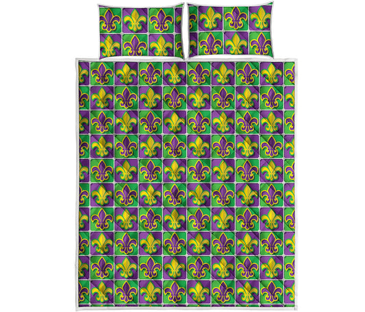 Mardi Gras Fleur De Lis Pattern Print Quilt Bed Set