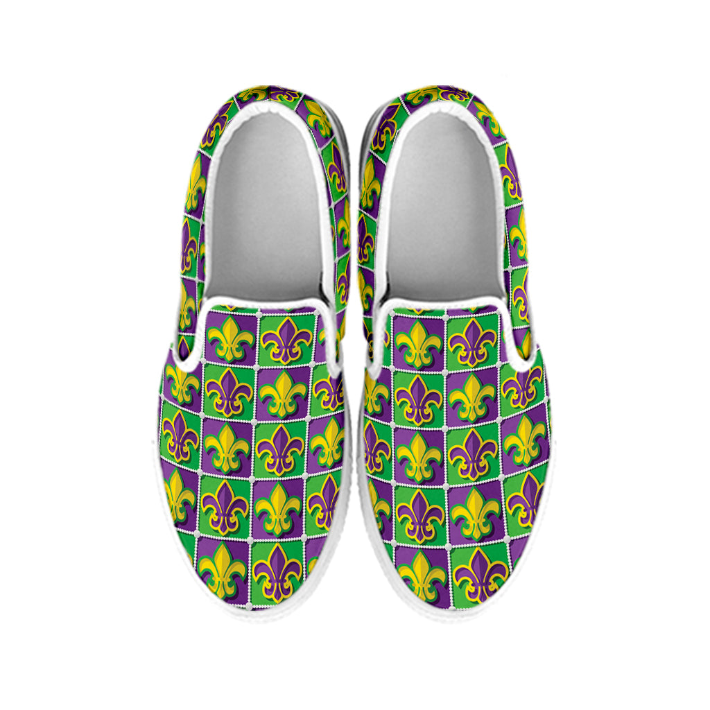 Mardi Gras Fleur De Lis Pattern Print White Slip On Shoes