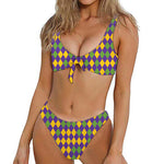 Mardi Gras Harlequin Pattern Print Front Bow Tie Bikini