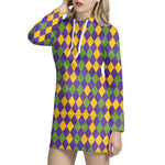 Mardi Gras Harlequin Pattern Print Hoodie Dress
