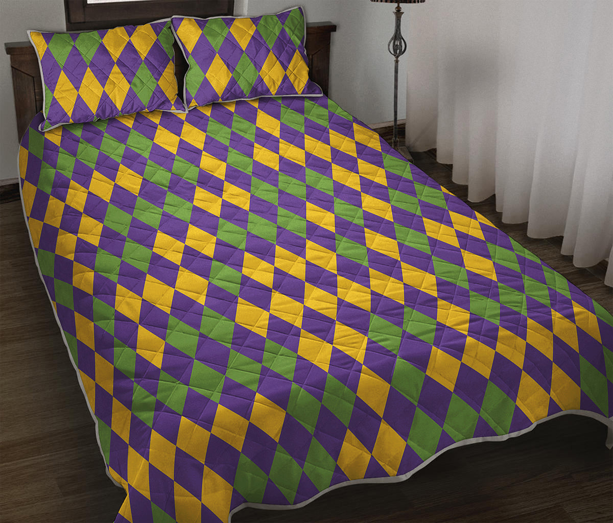 Mardi Gras Harlequin Pattern Print Quilt Bed Set