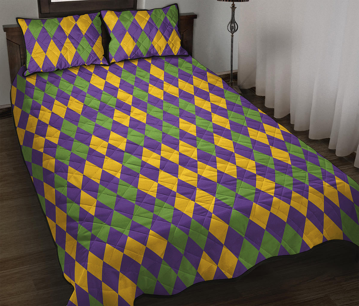 Mardi Gras Harlequin Pattern Print Quilt Bed Set