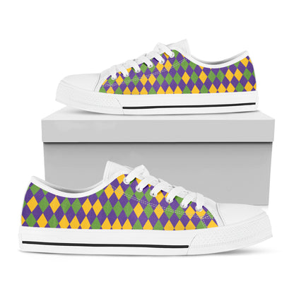 Mardi Gras Harlequin Pattern Print White Low Top Shoes