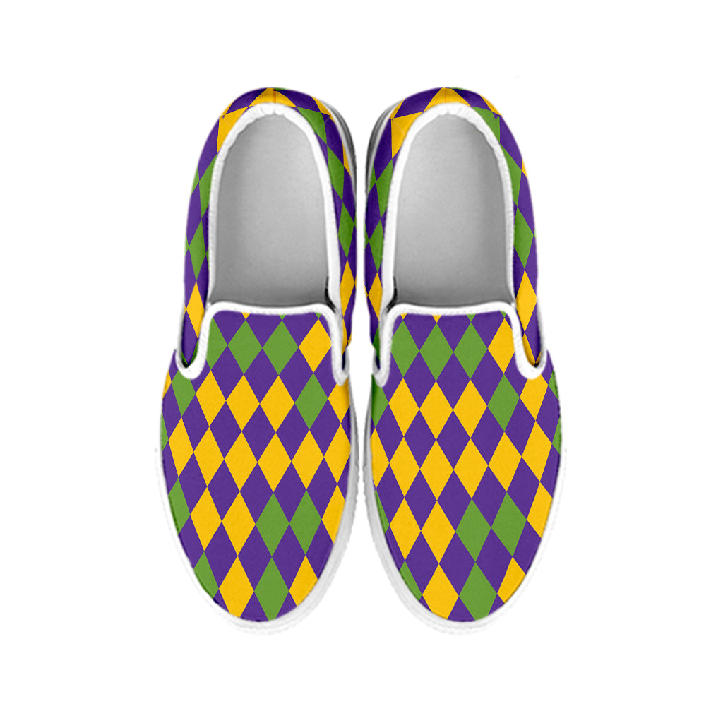 Mardi Gras Harlequin Pattern Print White Slip On Shoes