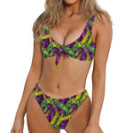 Mardi Gras Palm Leaf Pattern Print Front Bow Tie Bikini
