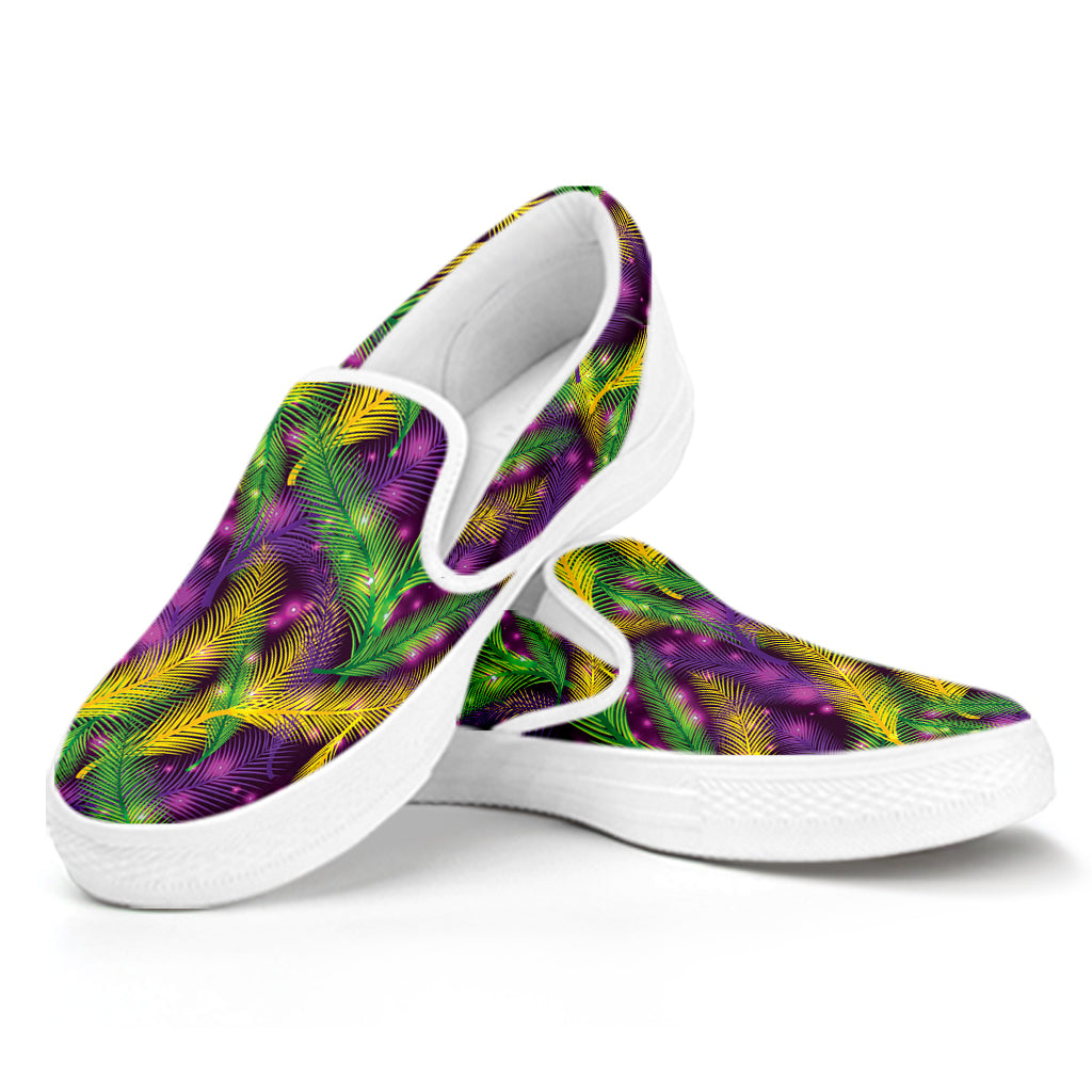 Mardi Gras Palm Leaf Pattern Print White Slip On Shoes