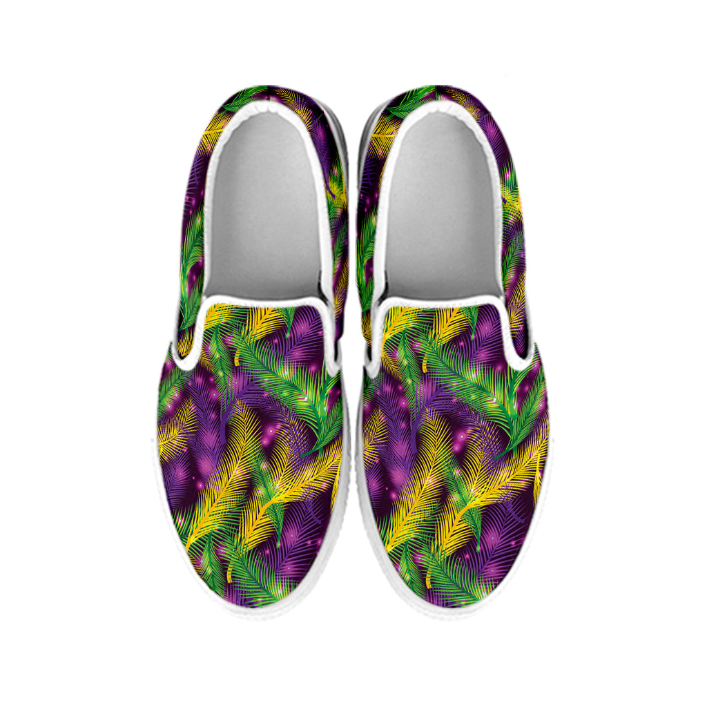 Mardi Gras Palm Leaf Pattern Print White Slip On Shoes