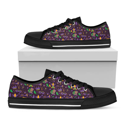 Mardi Gras Party Pattern Print Black Low Top Shoes