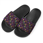 Mardi Gras Party Pattern Print Black Slide Sandals