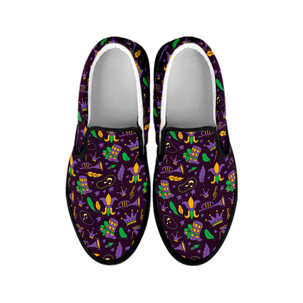 Mardi Gras Party Pattern Print Black Slip On Shoes