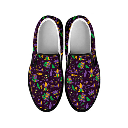 Mardi Gras Party Pattern Print Black Slip On Shoes