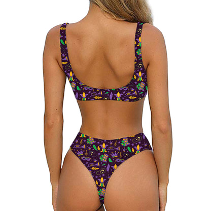 Mardi Gras Party Pattern Print Front Bow Tie Bikini