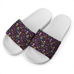 Mardi Gras Party Pattern Print White Slide Sandals