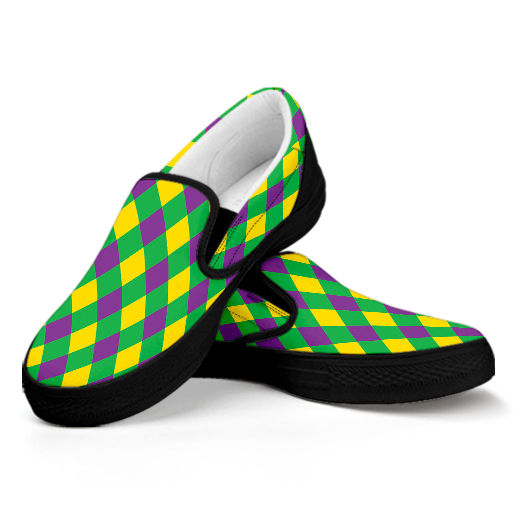 Mardi Gras Plaid Pattern Print Black Slip On Shoes