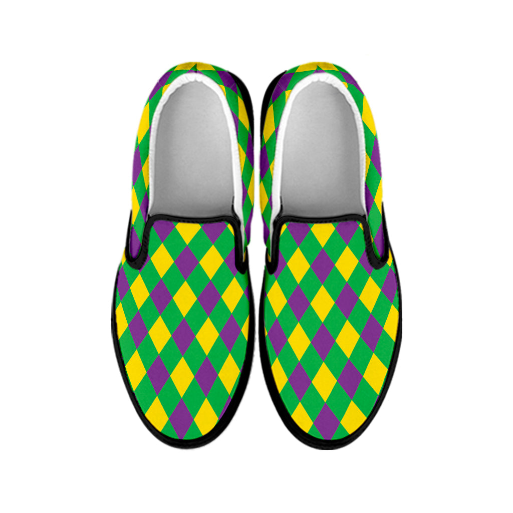 Mardi Gras Plaid Pattern Print Black Slip On Shoes