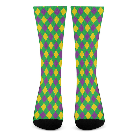 Mardi Gras Plaid Pattern Print Crew Socks