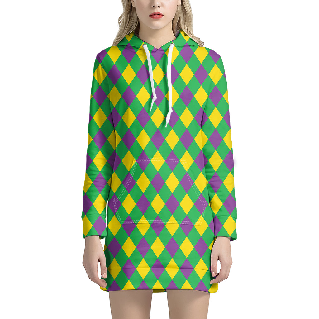 Mardi Gras Plaid Pattern Print Hoodie Dress