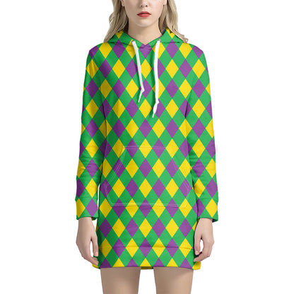 Mardi Gras Plaid Pattern Print Hoodie Dress