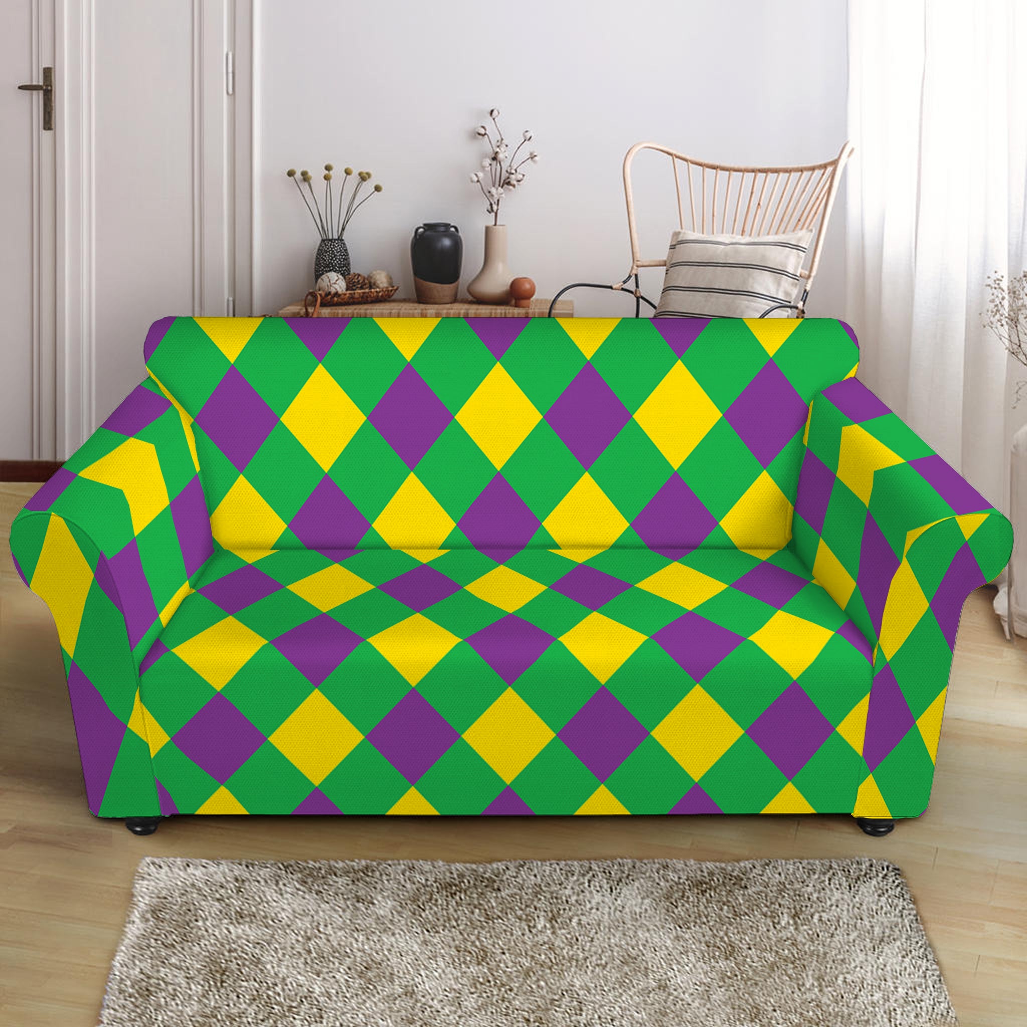 Mardi Gras Plaid Pattern Print Loveseat Slipcover