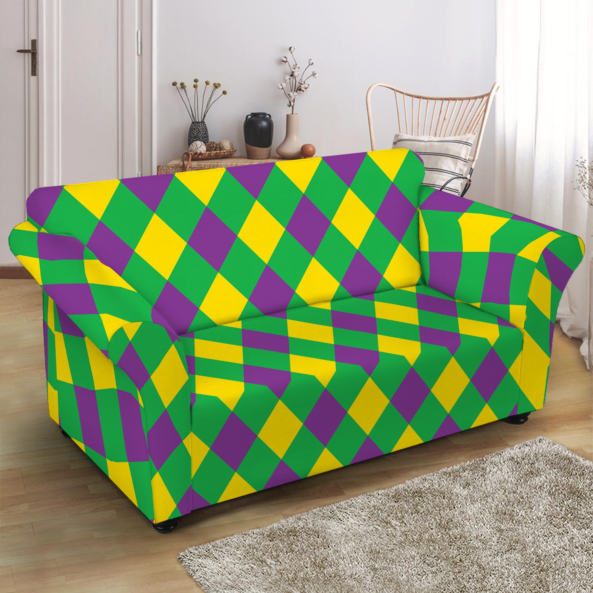 Mardi Gras Plaid Pattern Print Loveseat Slipcover