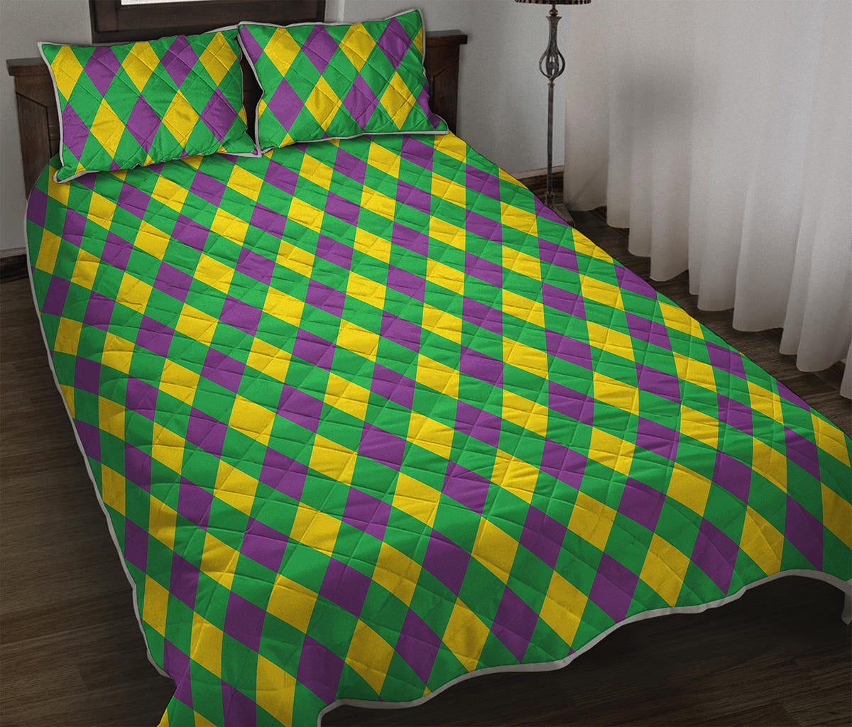 Mardi Gras Plaid Pattern Print Quilt Bed Set