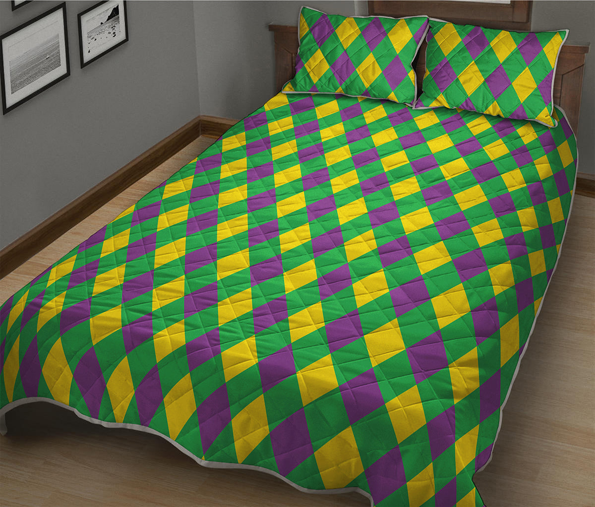 Mardi Gras Plaid Pattern Print Quilt Bed Set