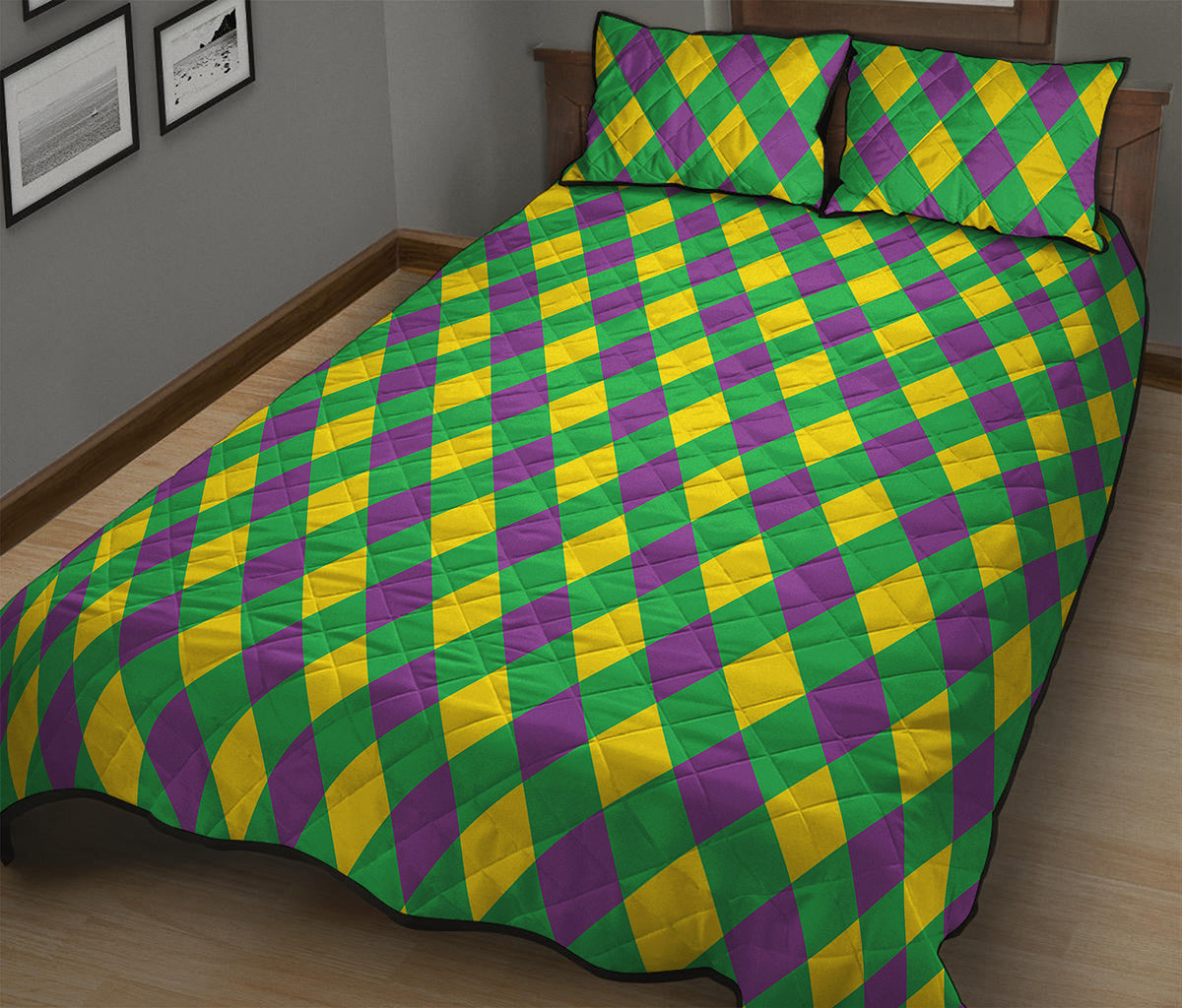 Mardi Gras Plaid Pattern Print Quilt Bed Set