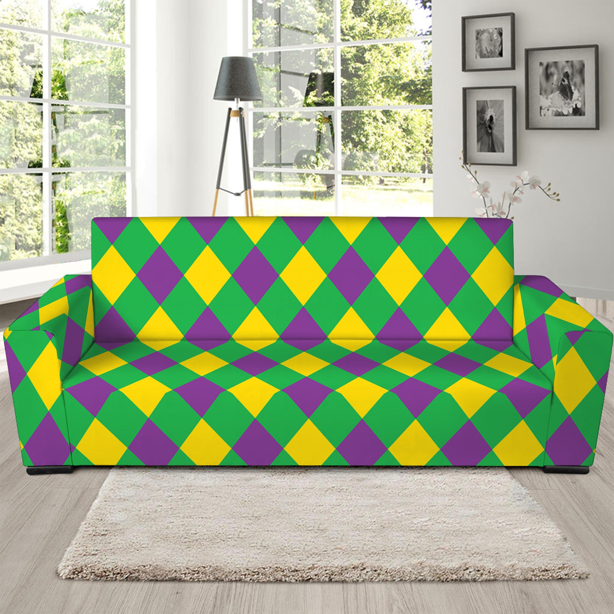 Mardi Gras Plaid Pattern Print Sofa Slipcover